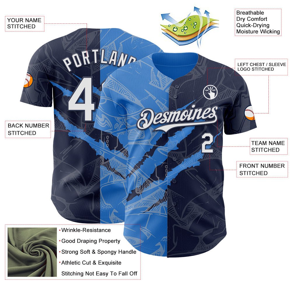 Custom Graffiti Pattern White Navy-Electric Blue 3D Scratch Authentic Baseball Jersey baseball jersey product view 3