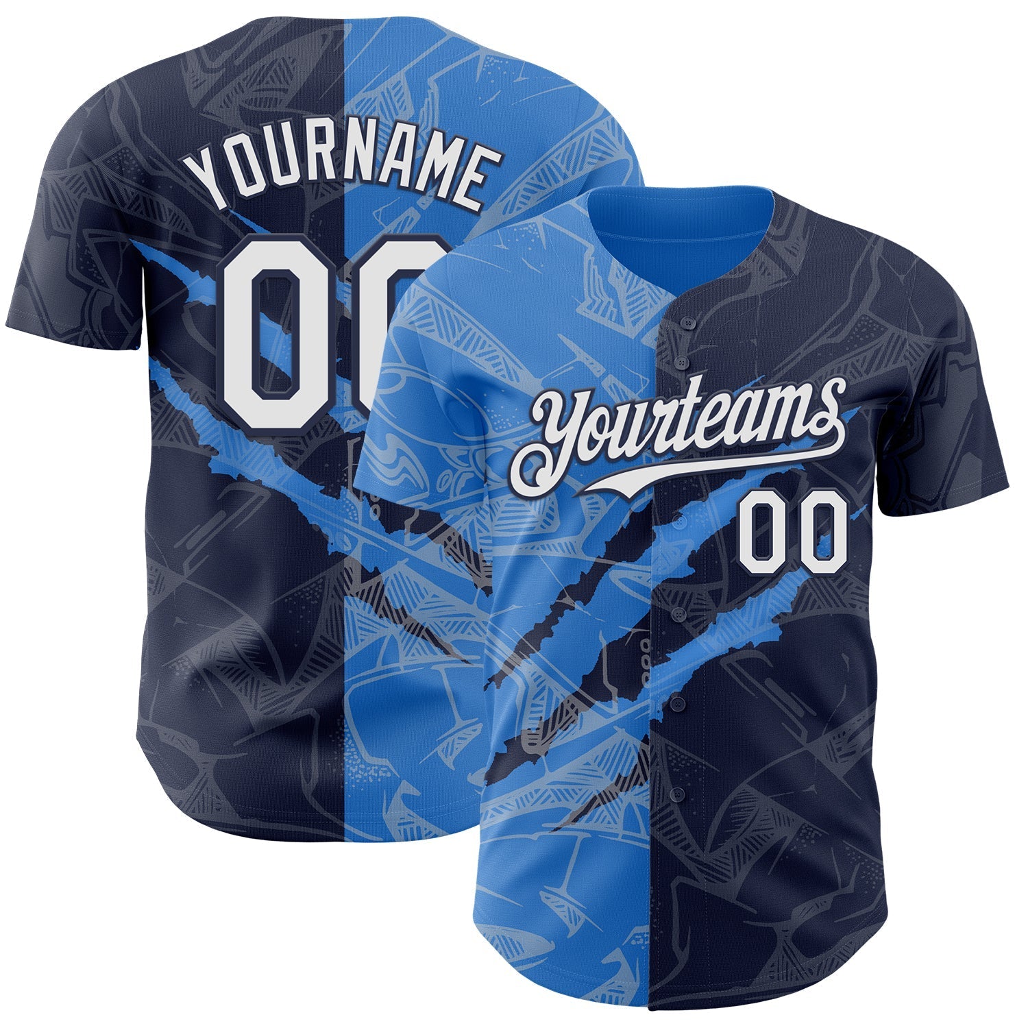Custom Graffiti Pattern White Navy-Electric Blue 3D Scratch Authentic Baseball Jersey baseball jersey product view 1