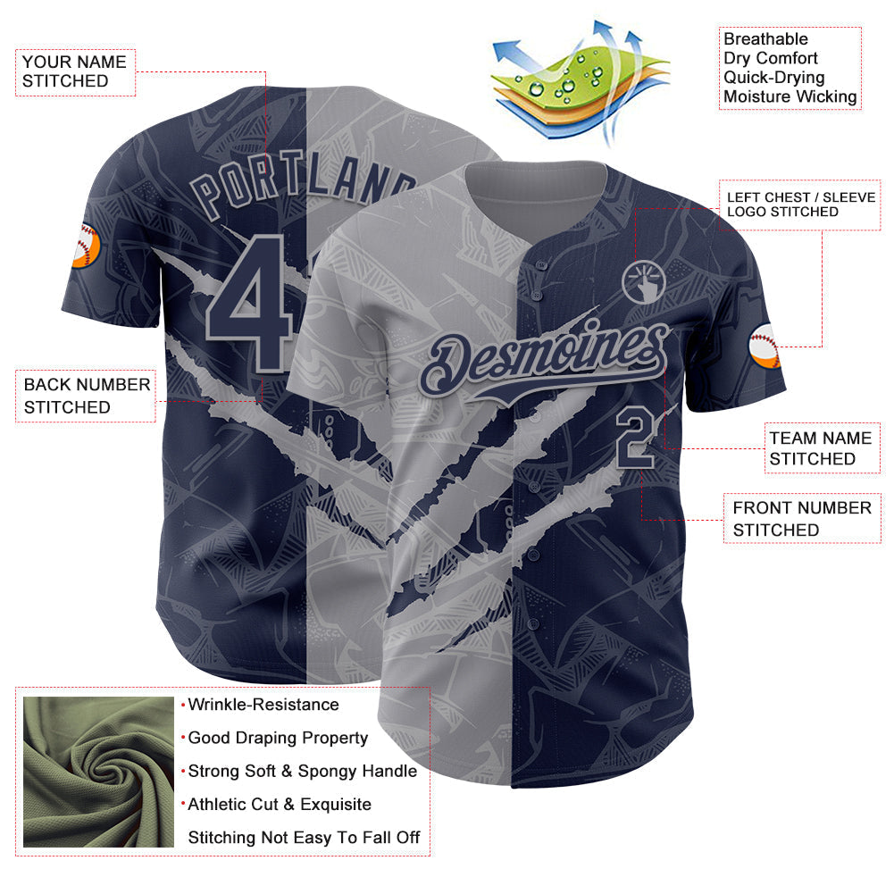 Custom Graffiti Pattern Navy-Gray 3D Scratch Authentic Baseball Jersey baseball jersey product view 3