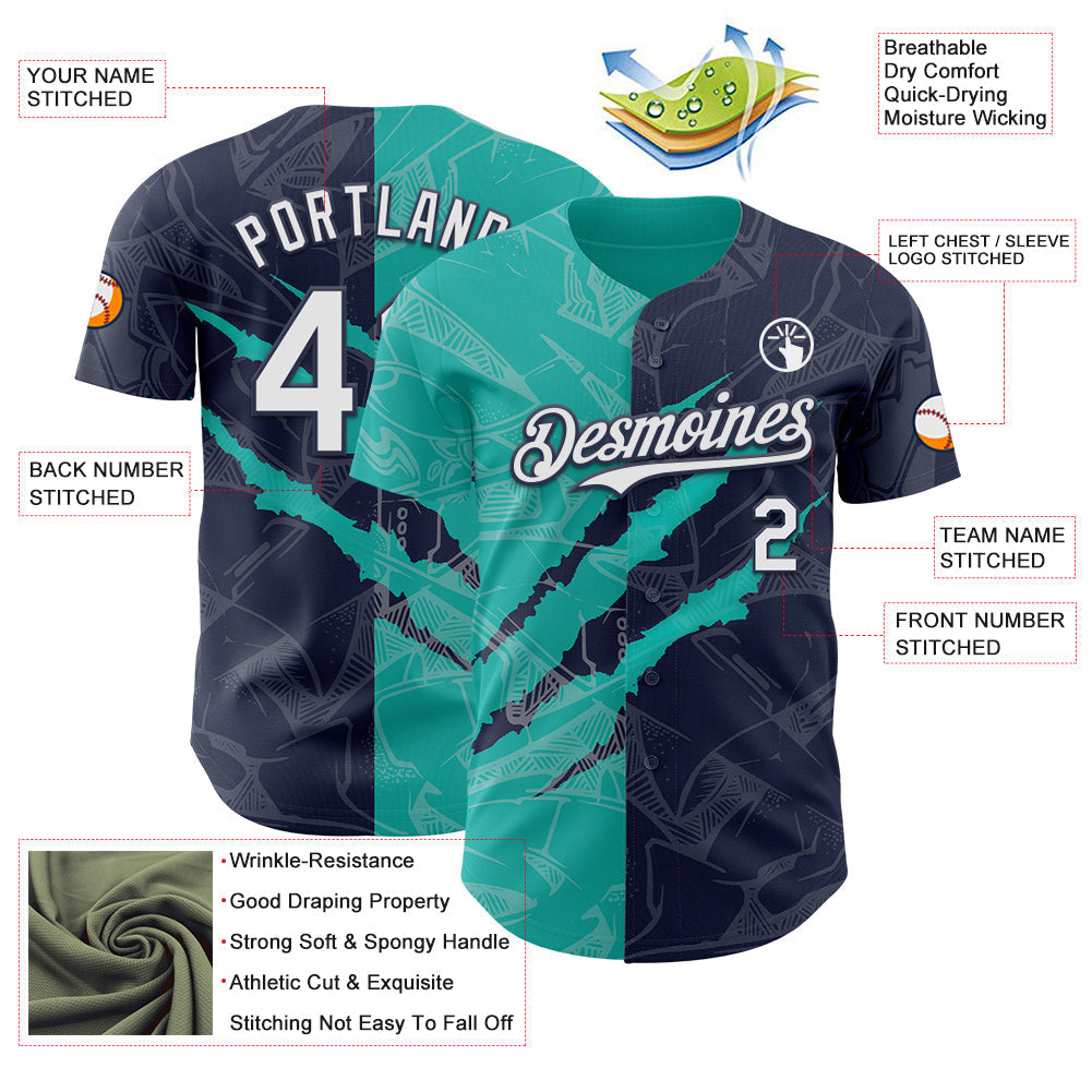 Custom Graffiti Pattern White Navy-Aqua 3D Scratch Authentic Baseball Jersey baseball jersey product view 3