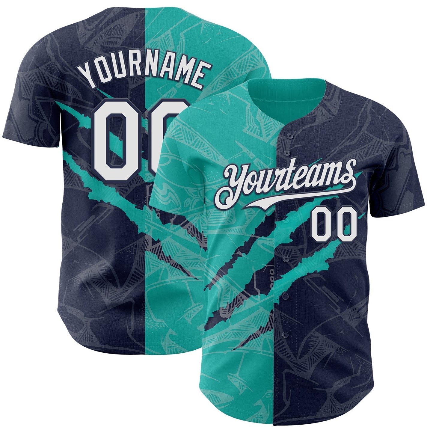 Custom Graffiti Pattern White Navy-Aqua 3D Scratch Authentic Baseball Jersey baseball jersey product view 1