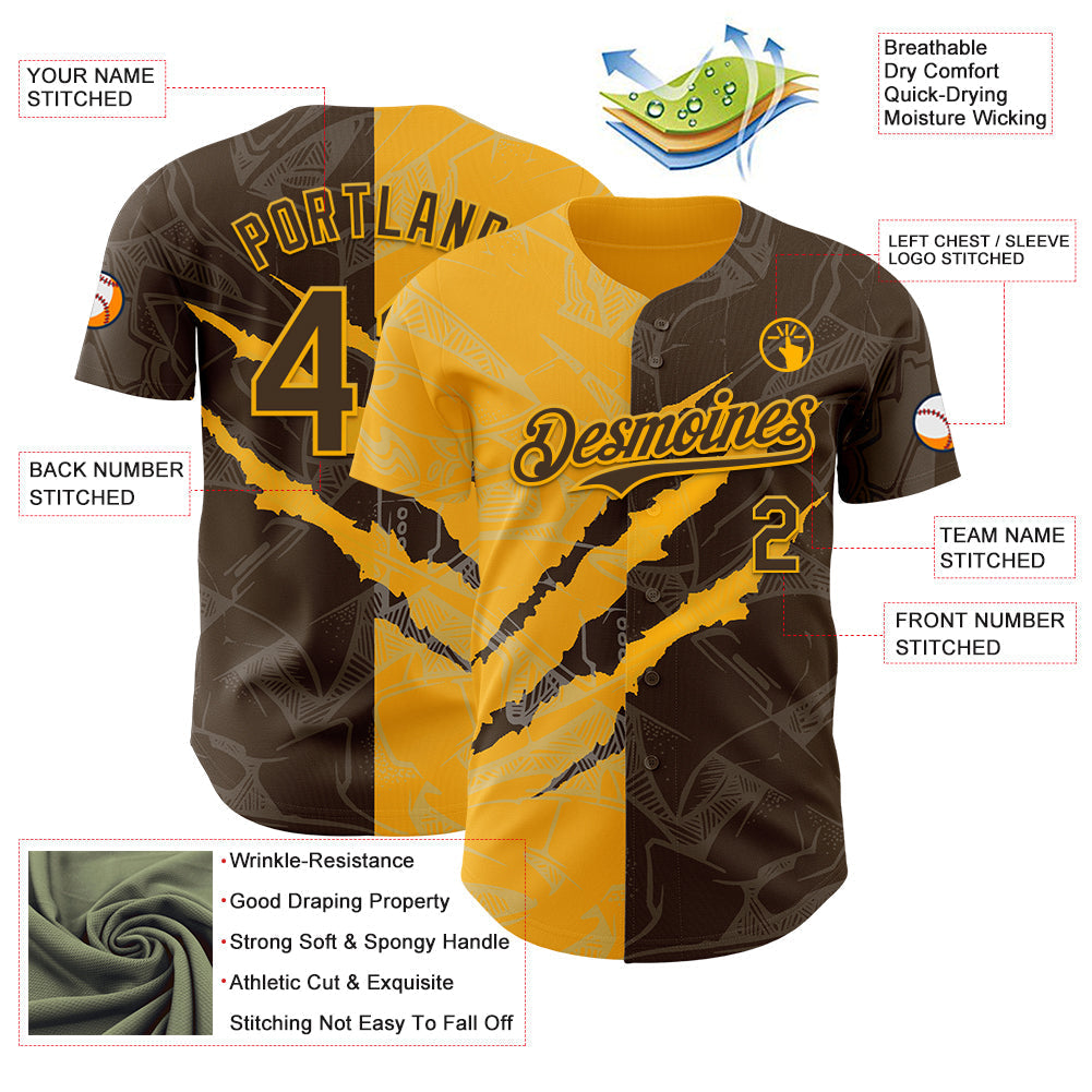 Custom Graffiti Pattern Brown-Gold 3D Scratch Authentic Baseball Jersey baseball jersey product view 3