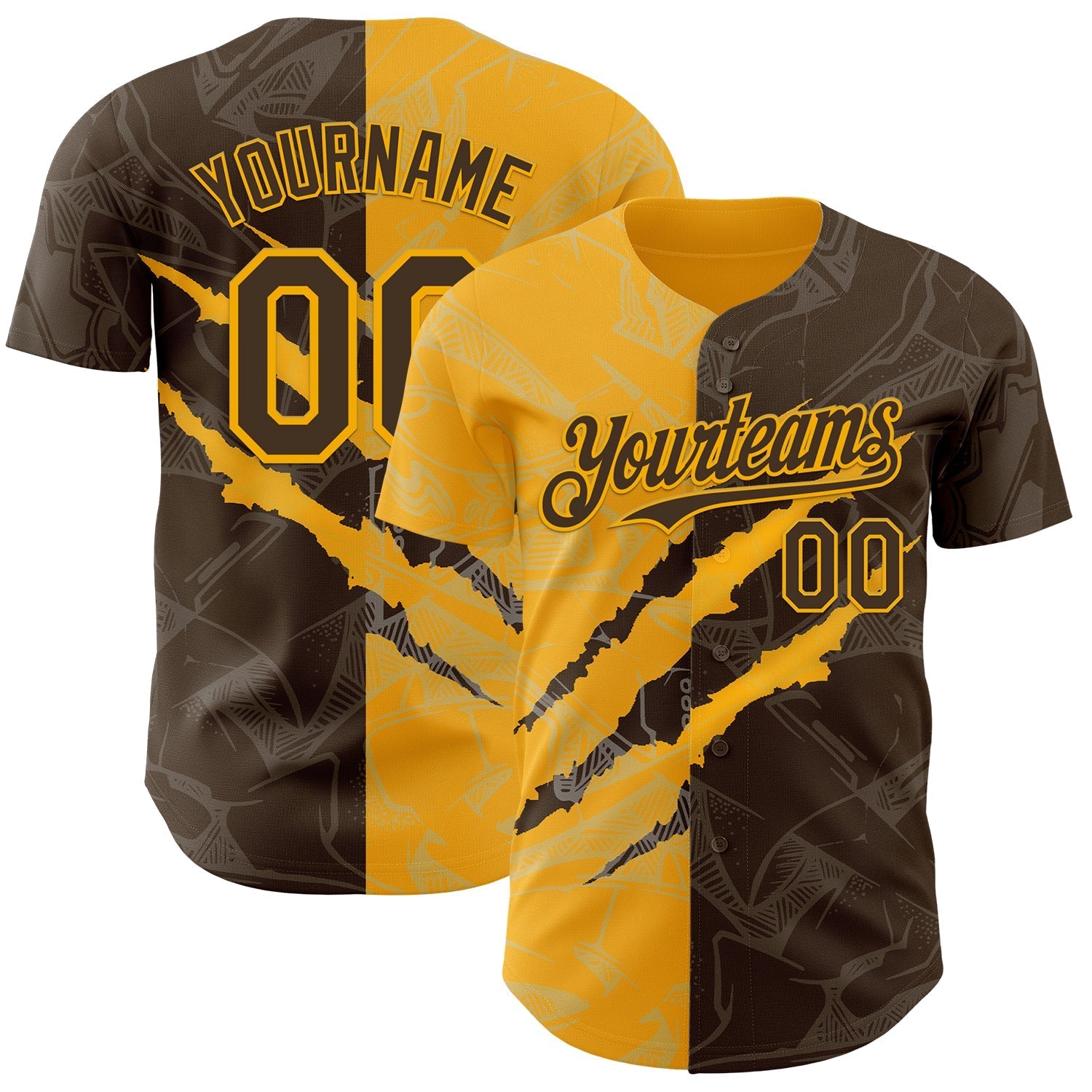 Custom Graffiti Pattern Brown-Gold 3D Scratch Authentic Baseball Jersey baseball jersey product view 1