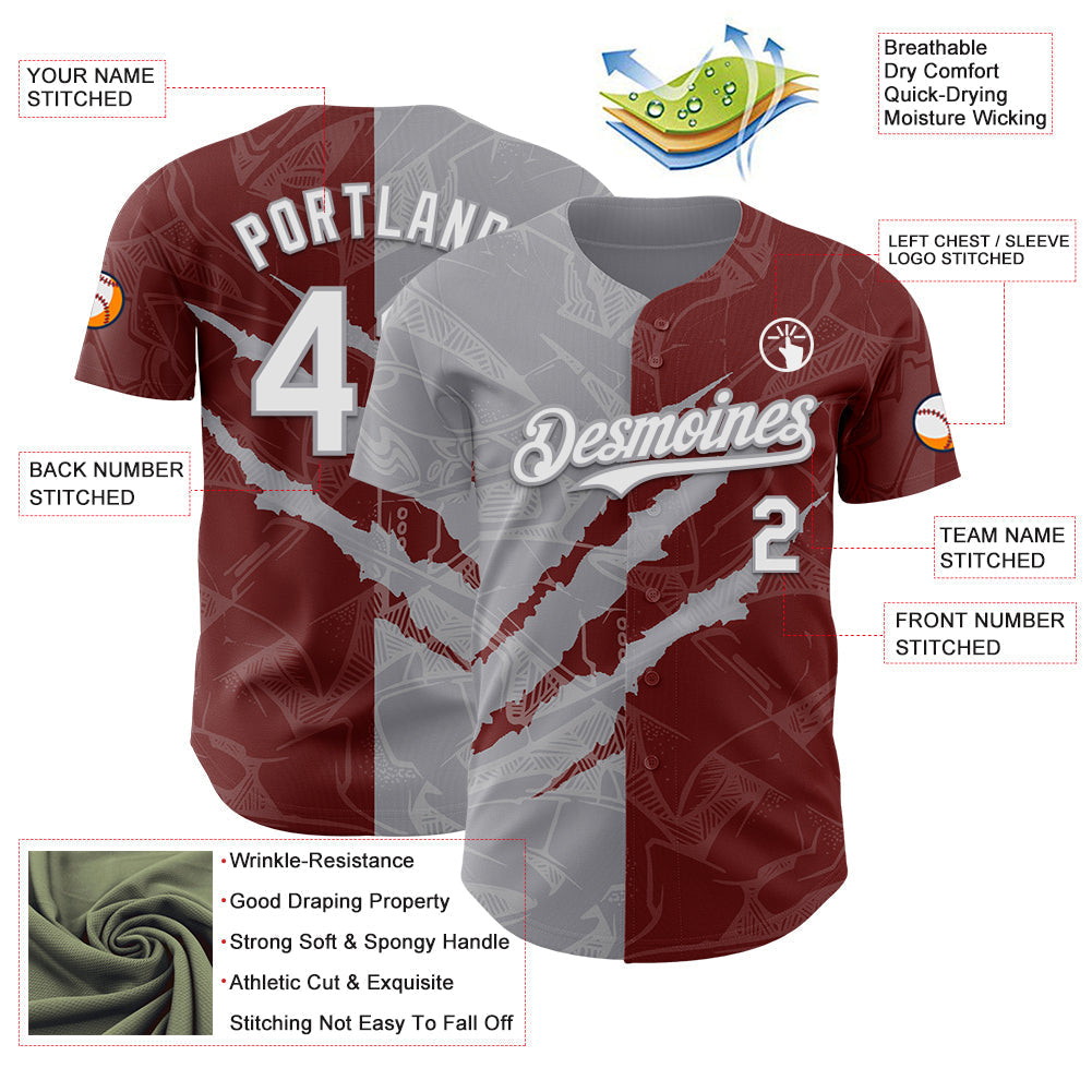 Custom Graffiti Pattern White Burgundy-Gray 3D Scratch Authentic Baseball Jersey baseball jersey product view 3