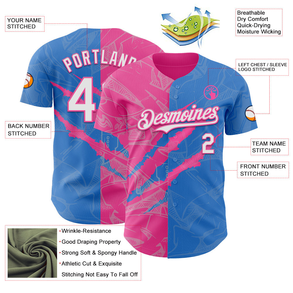 Custom Graffiti Pattern White Electric Blue-Pink 3D Scratch Authentic Baseball Jersey baseball jersey product view 3