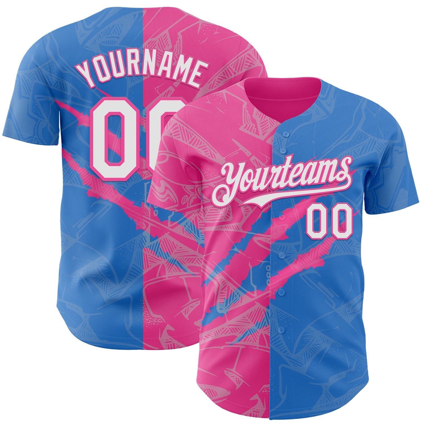 Custom Graffiti Pattern White Electric Blue-Pink 3D Scratch Authentic Baseball Jersey baseball jersey product view 1