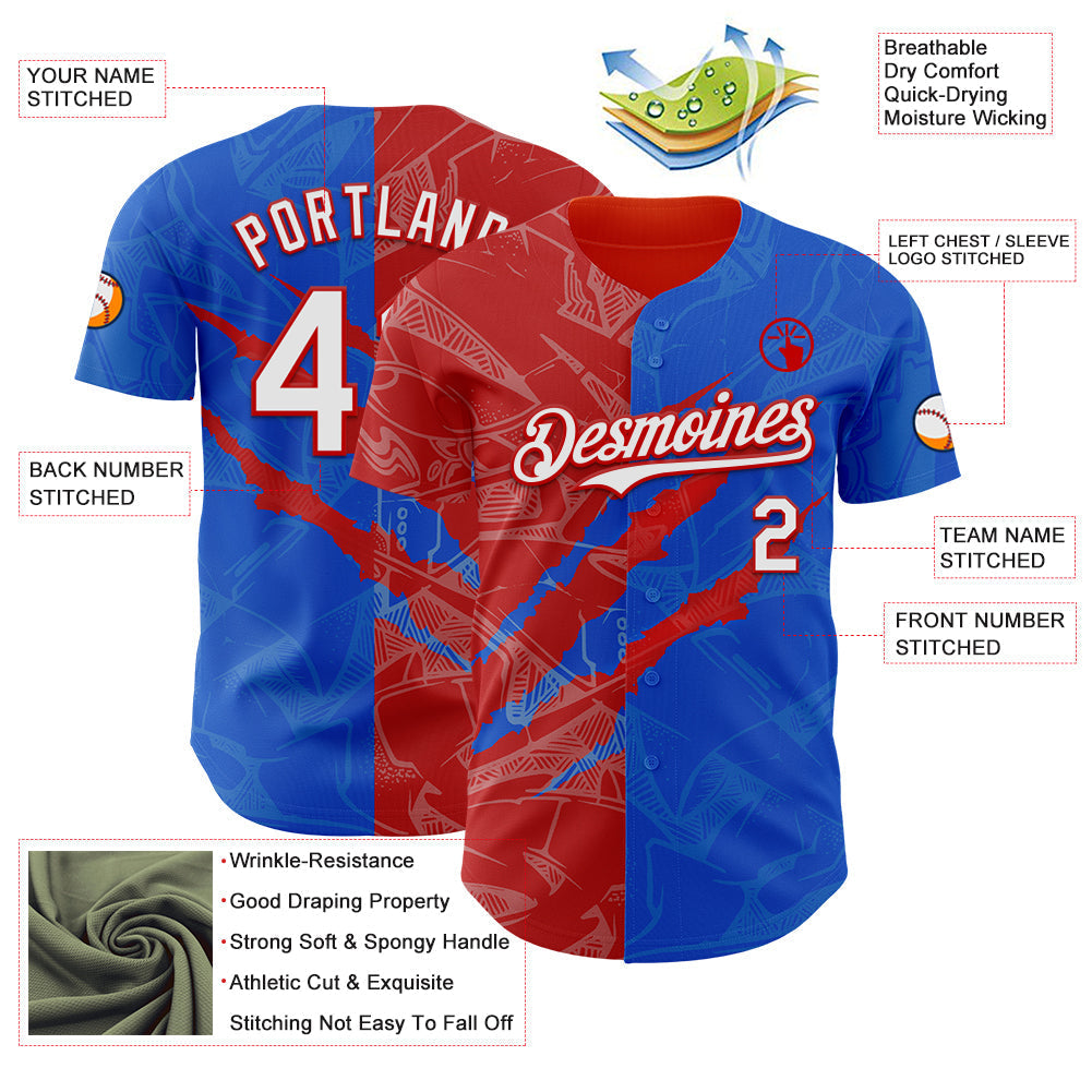 Custom Graffiti Pattern White Thunder Blue-Red 3D Scratch Authentic Baseball Jersey baseball jersey product view 3