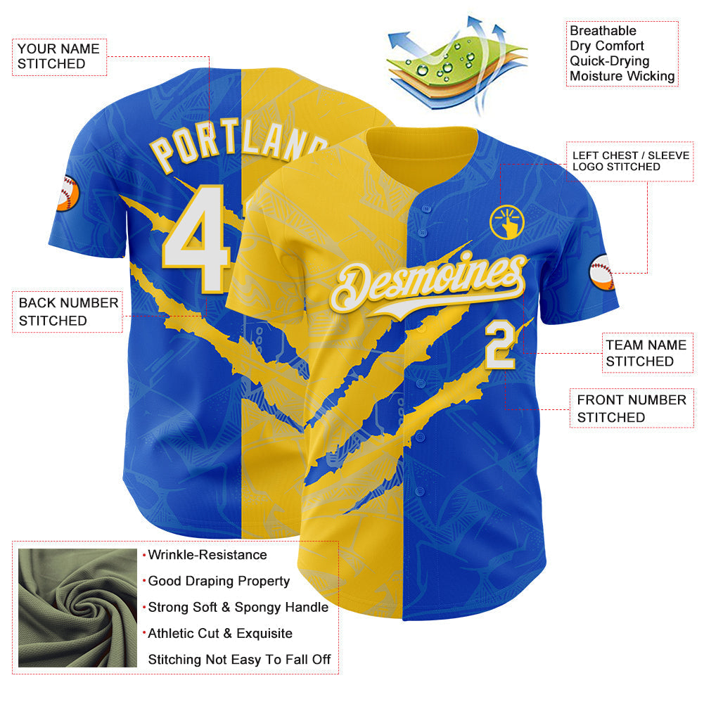Custom Graffiti Pattern White Thunder Blue-Yellow 3D Scratch Authentic Baseball Jersey baseball jersey product view 3