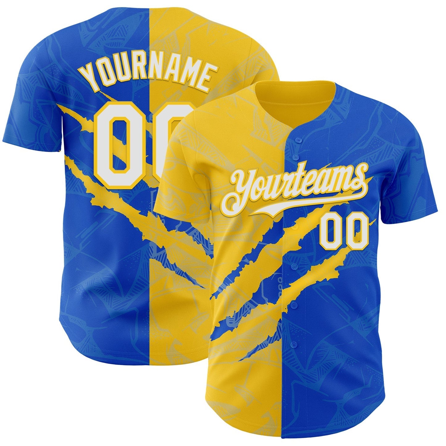 Custom Graffiti Pattern White Thunder Blue-Yellow 3D Scratch Authentic Baseball Jersey baseball jersey product view 1