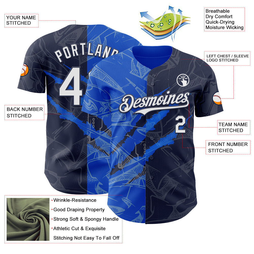 Custom Graffiti Pattern White Navy-Thunder Blue 3D Scratch Authentic Baseball Jersey baseball jersey product view 3