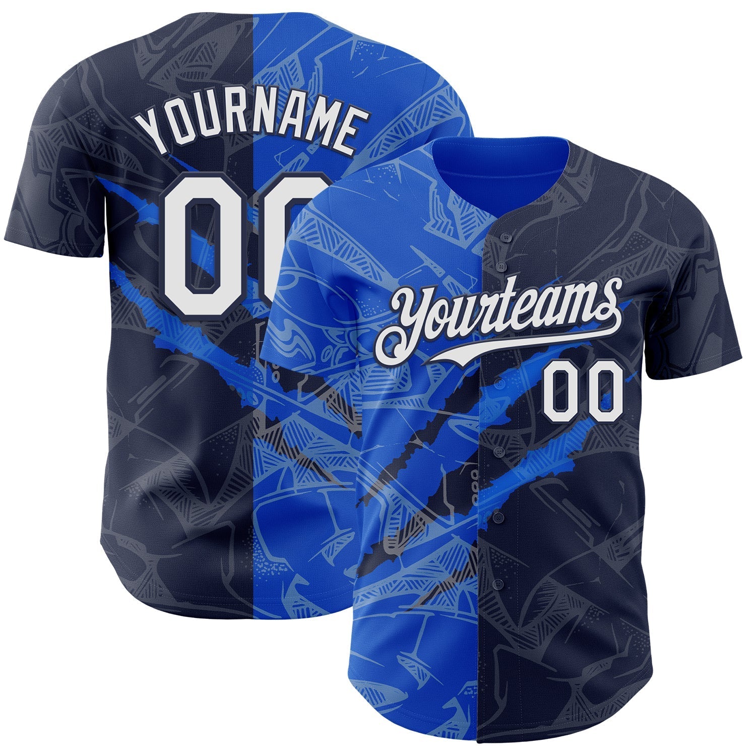 Custom Graffiti Pattern White Navy-Thunder Blue 3D Scratch Authentic Baseball Jersey baseball jersey product view 1
