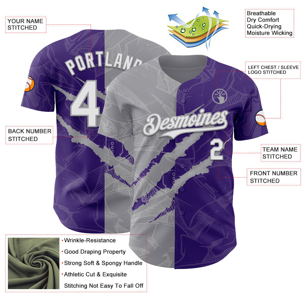 Custom Graffiti Pattern White Purple-Gray 3D Scratch Authentic Baseball Jersey baseball jersey product view 3