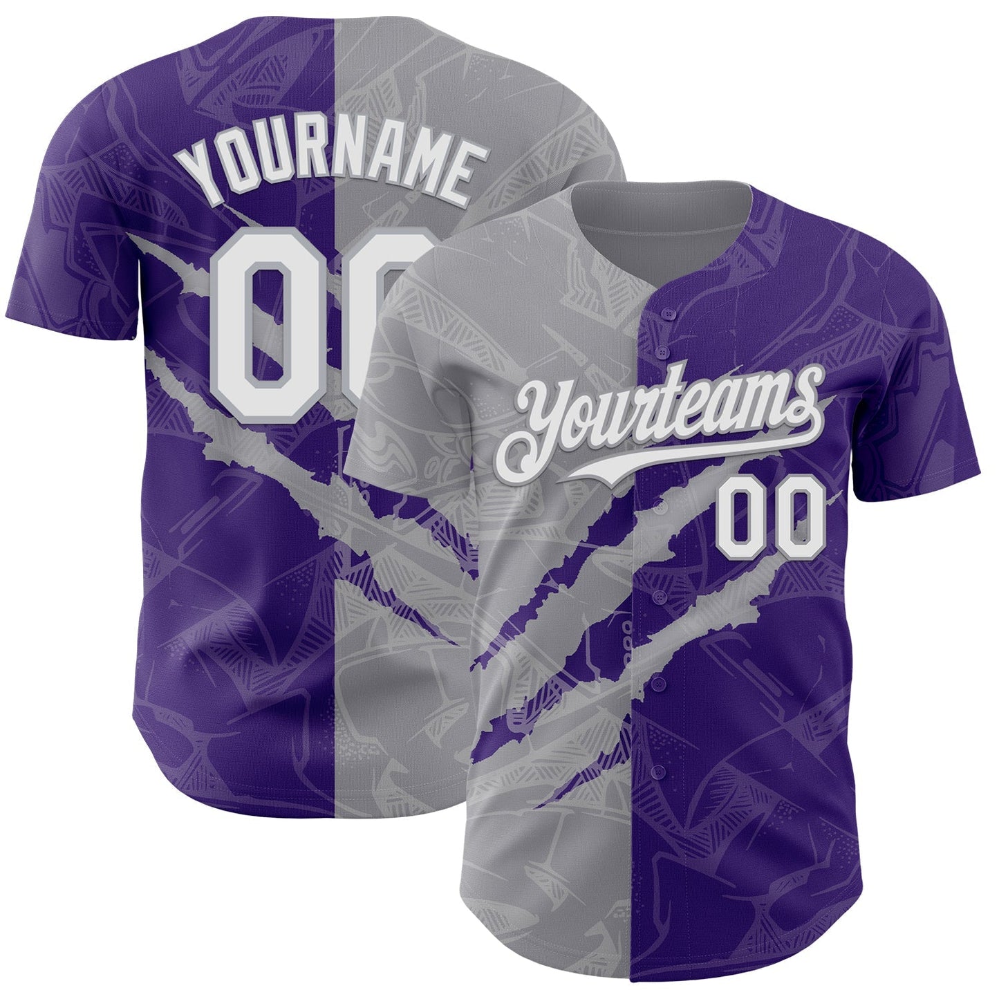 Custom Graffiti Pattern White Purple-Gray 3D Scratch Authentic Baseball Jersey baseball jersey product view 1