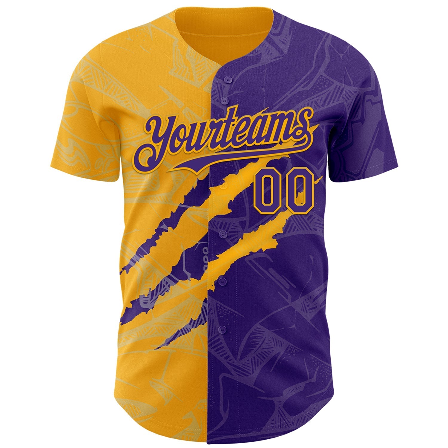 Custom Graffiti Pattern Purple-Gold 3D Scratch Authentic Baseball Jersey baseball jersey product view 2