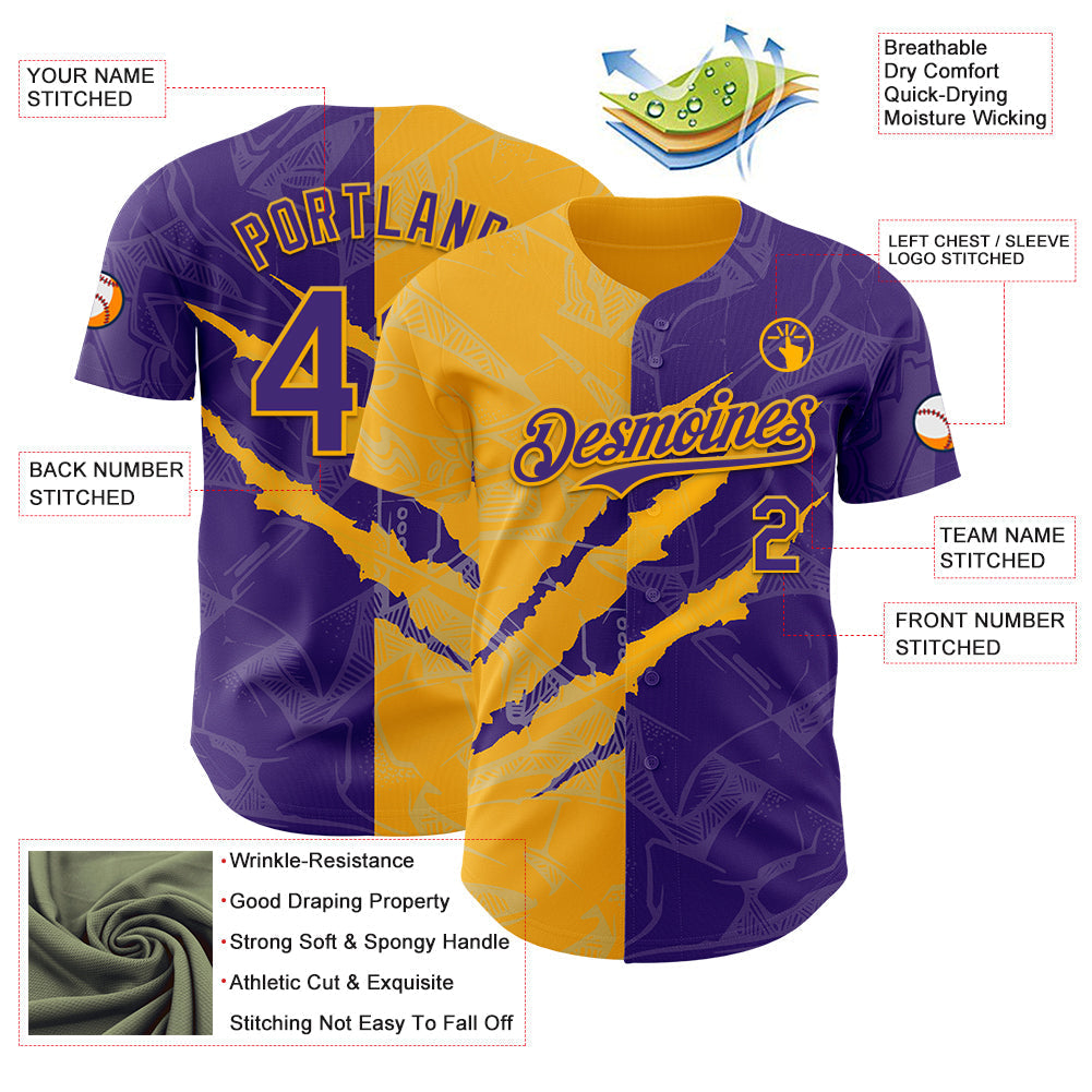 Custom Graffiti Pattern Purple-Gold 3D Scratch Authentic Baseball Jersey baseball jersey product view 3