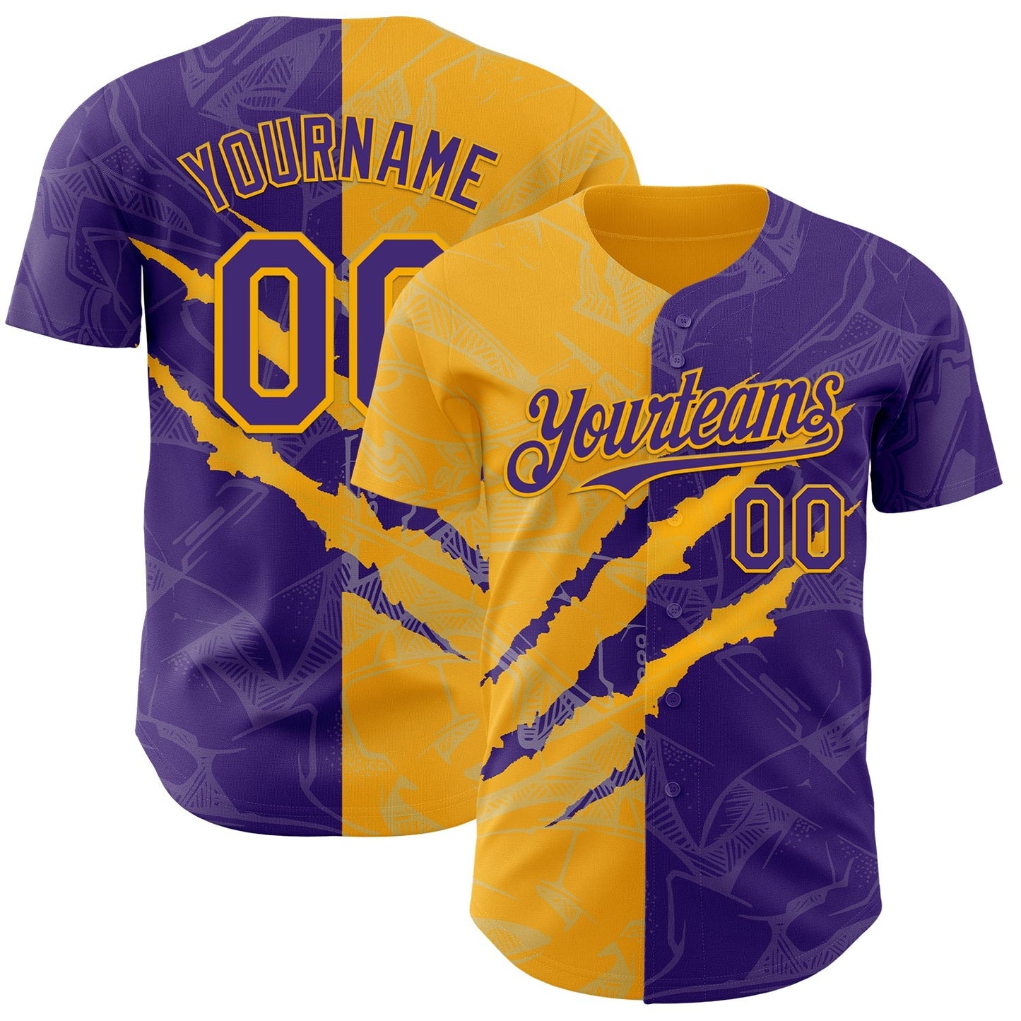 Custom Graffiti Pattern Purple-Gold 3D Scratch Authentic Baseball Jersey baseball jersey product view 1