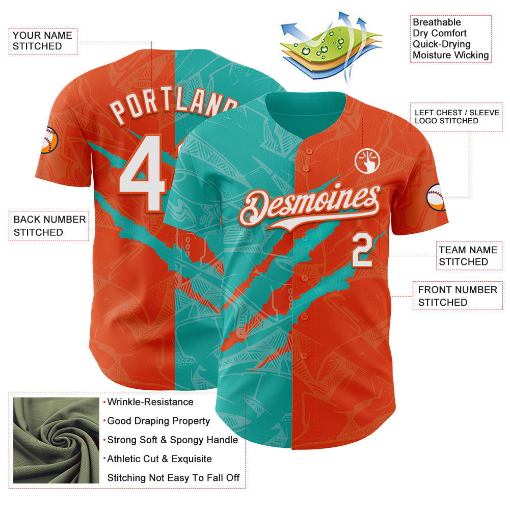 Custom Graffiti Pattern White Orange-Aqua 3D Scratch Authentic Baseball Jersey baseball jersey product view 3