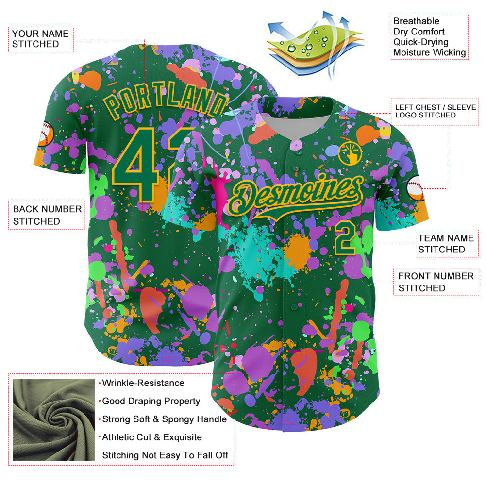 Custom Graffiti Pattern Kelly Green-Gold Authentic Baseball Jersey baseball jersey product view 3