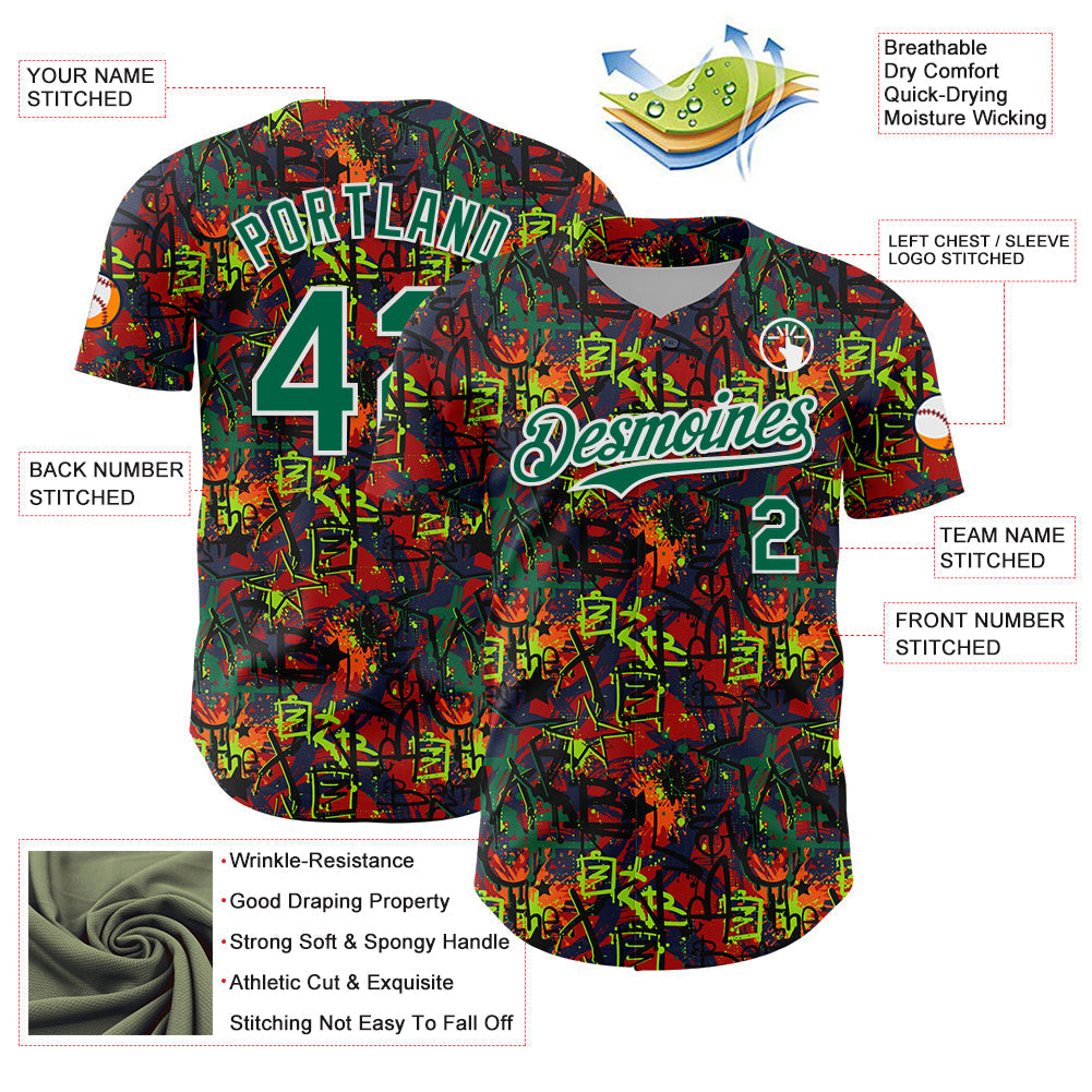 Custom Graffiti Pattern Kelly Green-White Splatter Authentic Baseball Jersey baseball jersey product view 3