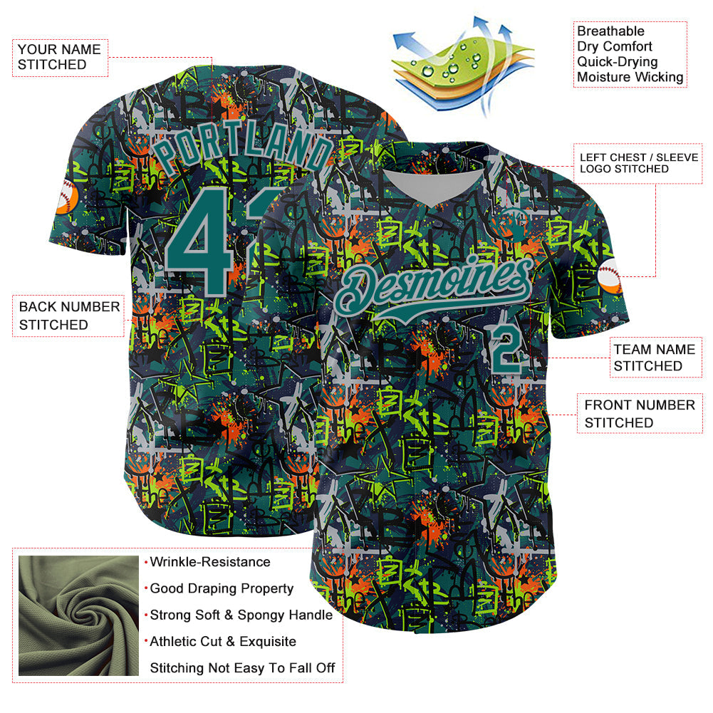 Custom Graffiti Pattern Teal-Gray Splatter Authentic Baseball Jersey baseball jersey product view 3