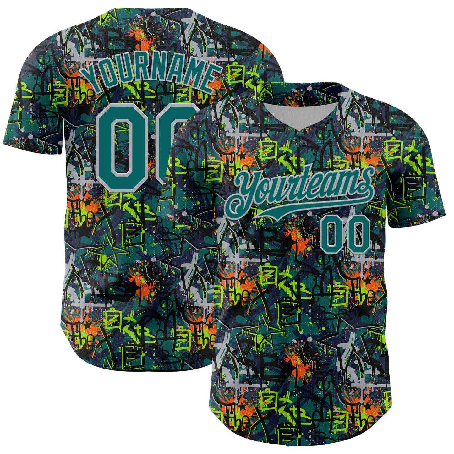 Custom Graffiti Pattern Teal-Gray Splatter Authentic Baseball Jersey baseball jersey product view 1