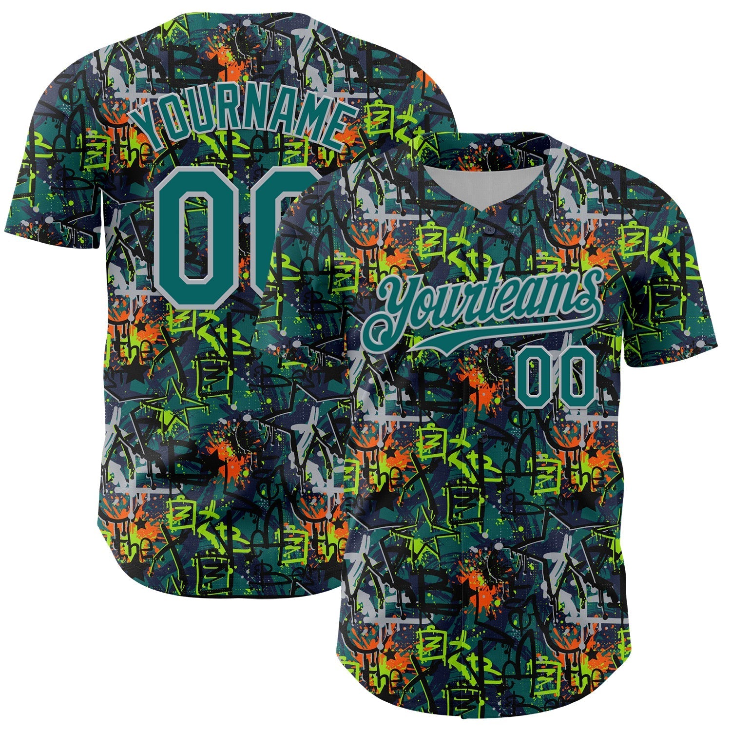 Custom Graffiti Pattern Teal-Gray Splatter Authentic Baseball Jersey baseball jersey product view 1
