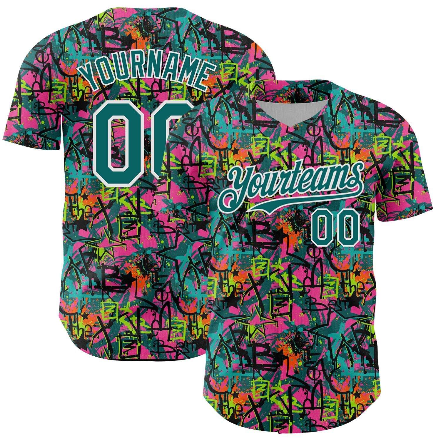 Custom Graffiti Pattern Teal-White Splatter Authentic Baseball Jersey baseball jersey product view 1