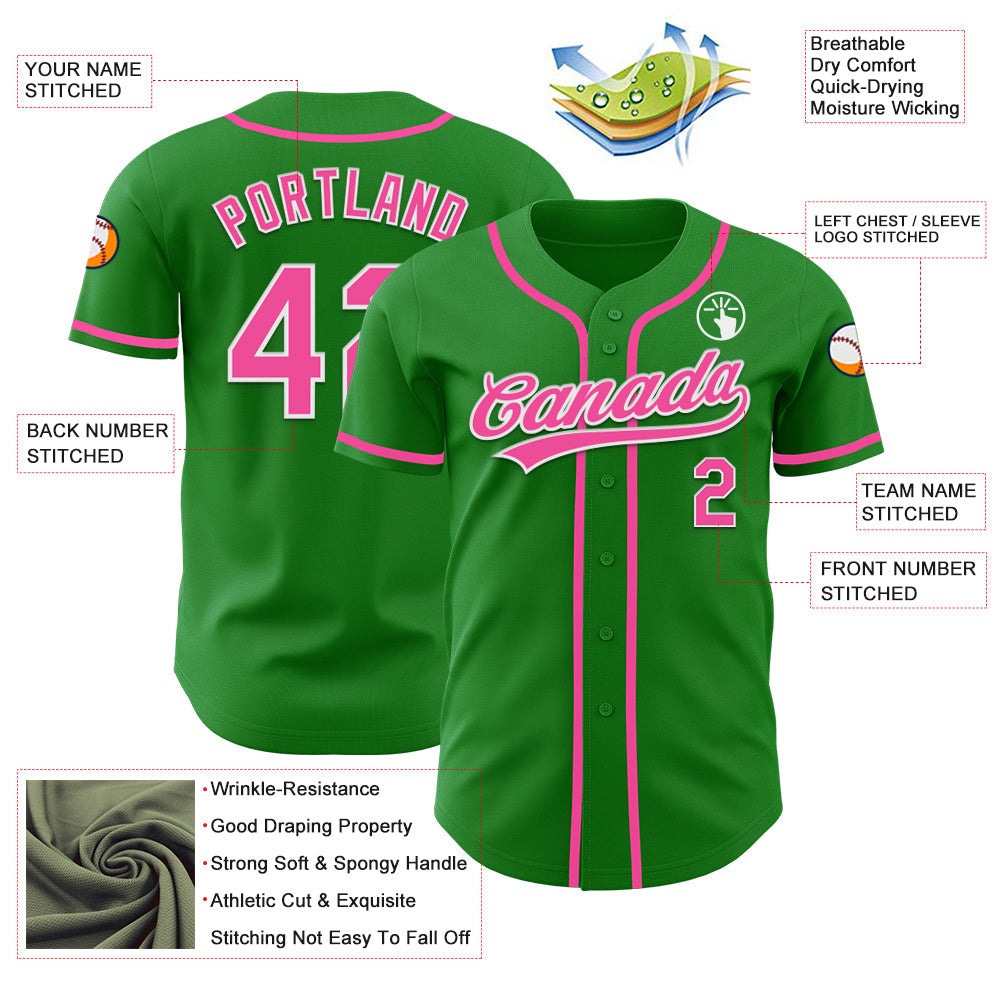 Custom Grass Green Pink-White Authentic Baseball Jersey baseball jersey product view 3