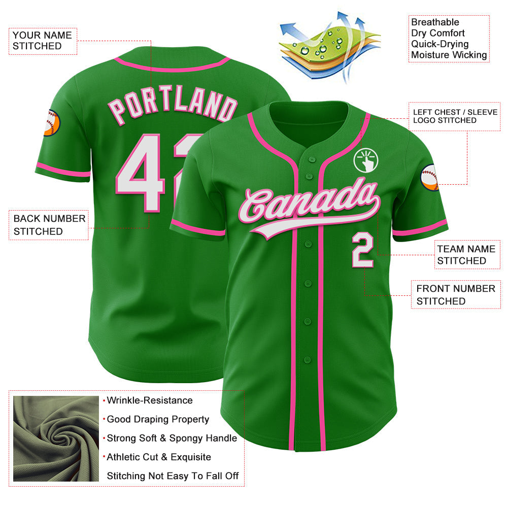 Custom Grass Green White-Pink Authentic Baseball Jersey baseball jersey product view 3