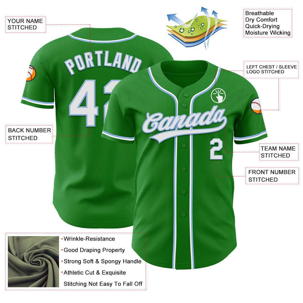 Custom Grass Green White-Light Blue Authentic Baseball Jersey baseball jersey product view 3