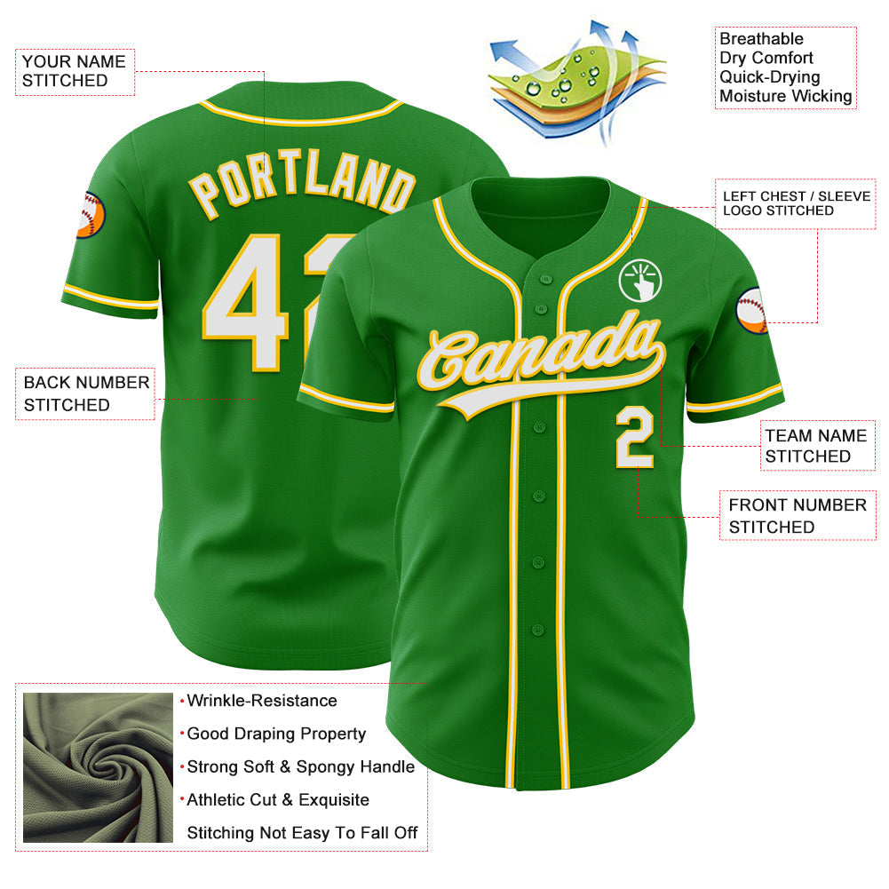 Custom Grass Green White-Yellow Authentic Baseball Jersey baseball jersey product view 3