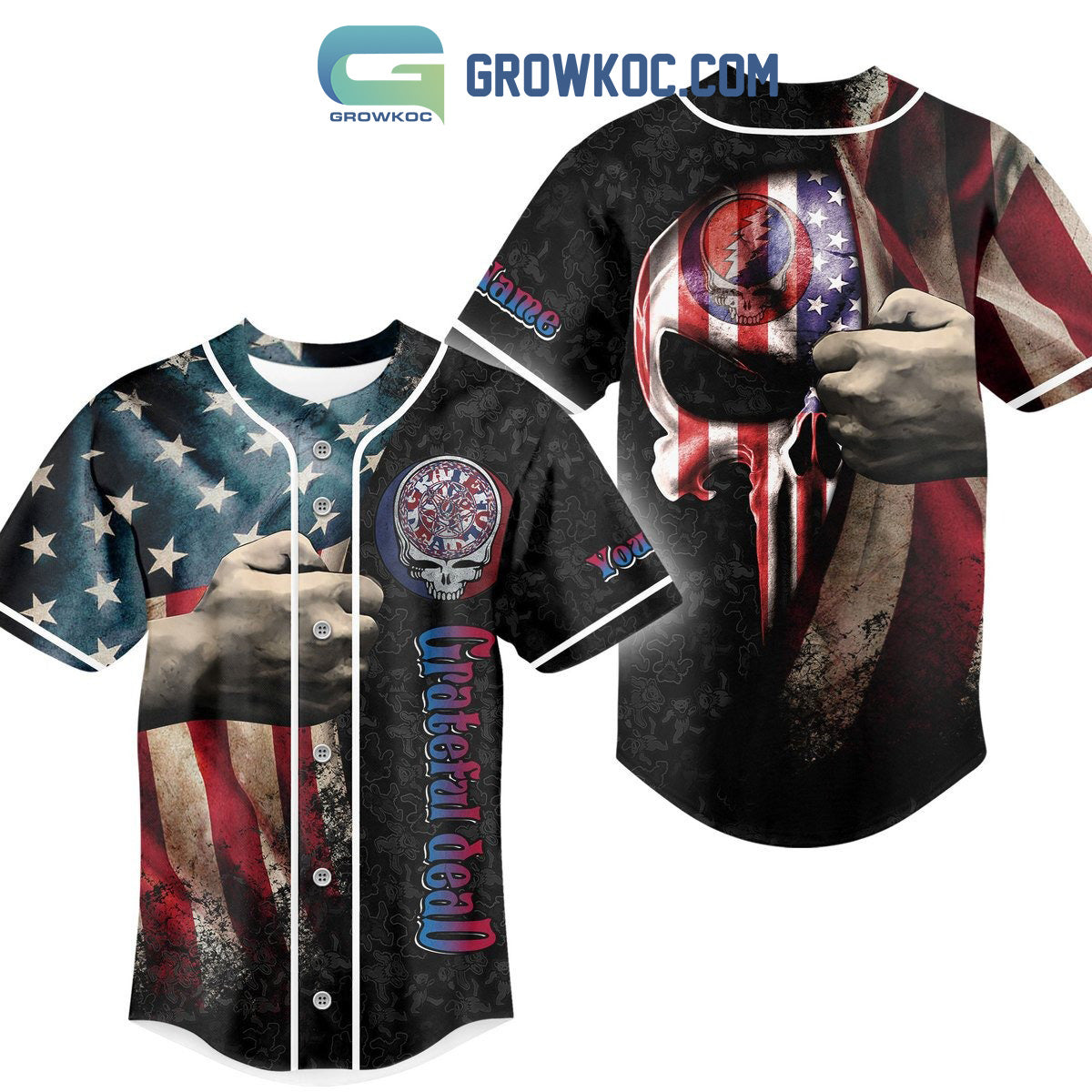 Grateful Dead American Flag Personalized Baseball Jersey baseball jersey product view 1