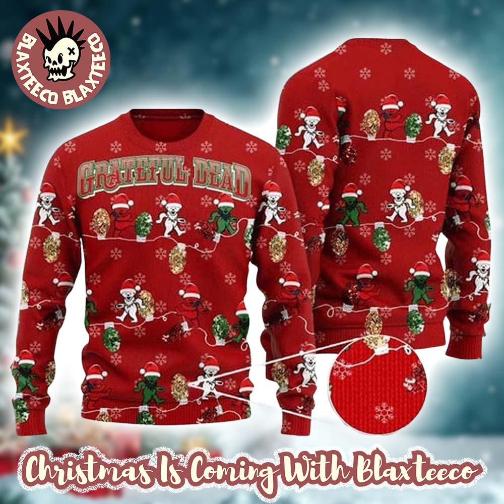 Grateful Dead Funny Dancing Bear Walking Rope Lights Knitted Red Ugly Christmas Sweater Unisex T-shirt, Sweatshirt, Hoodie, Long Sleeve Tee - T-Shirt, Sweatshirt, Hoodie