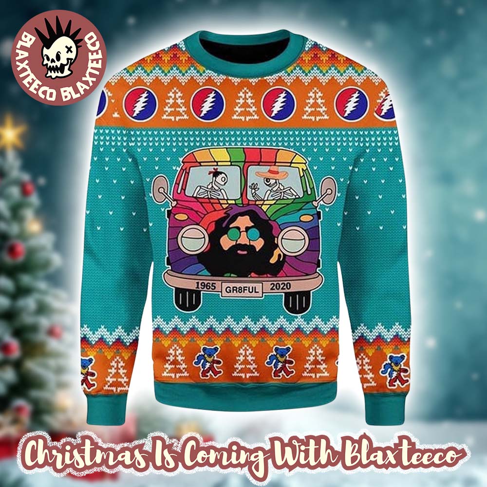 Grateful Dead Jerry Garcia 1965 2020 Go By Bus Colorful Ugly Christmas Sweater Unisex T-shirt, Sweatshirt, Hoodie, Long Sleeve Tee - T-Shirt, Sweatshirt, Hoodie