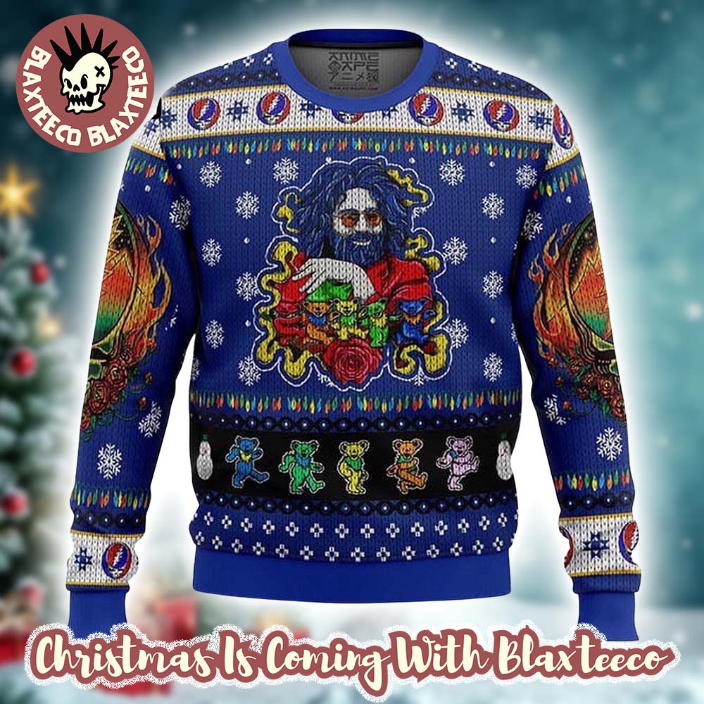 Grateful Dead Jerry Garcia Trippie Style Knitted Blue Ugly Christmas Sweater Unisex T-shirt, Sweatshirt, Hoodie, Long Sleeve Tee - T-Shirt, Sweatshirt, Hoodie