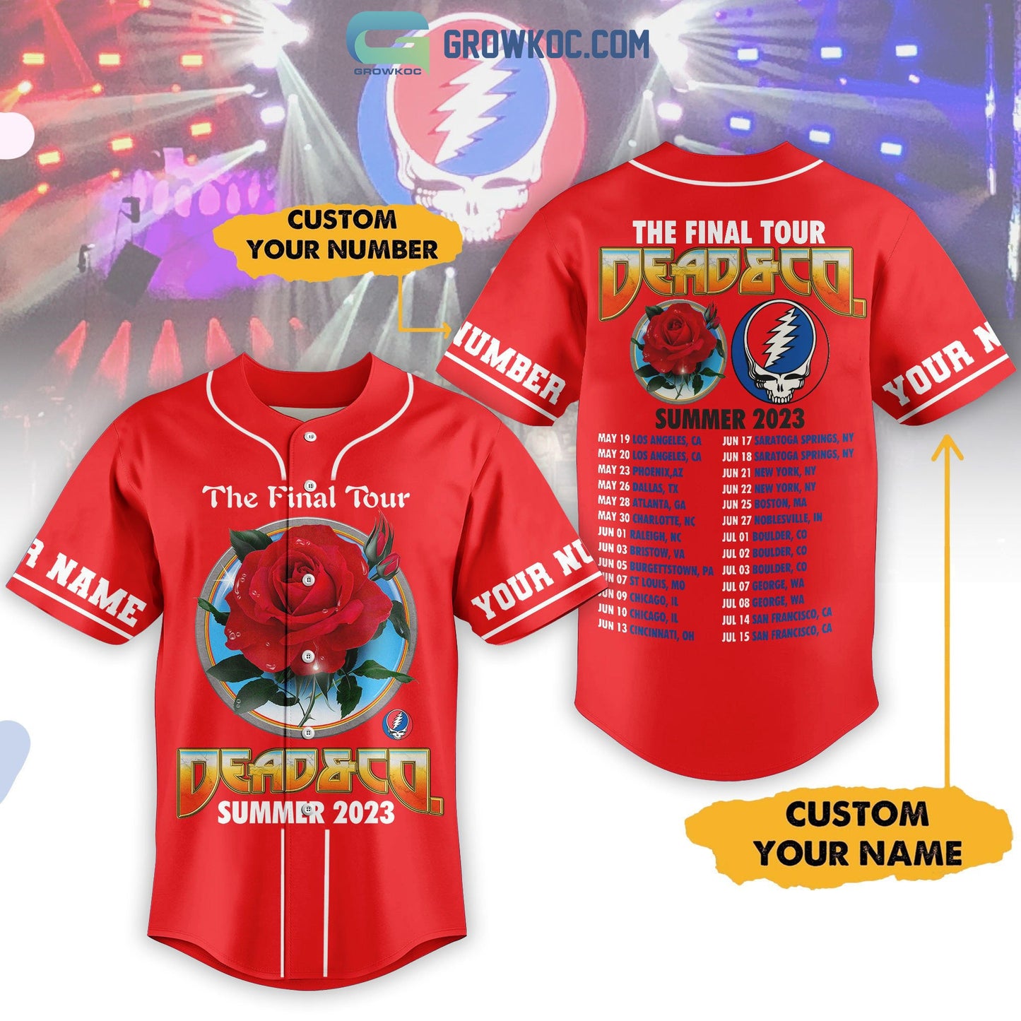 Grateful Dead The Final Tour Summer 2023 Personalized Red Design Baseball Jersey baseball jersey product view 1
