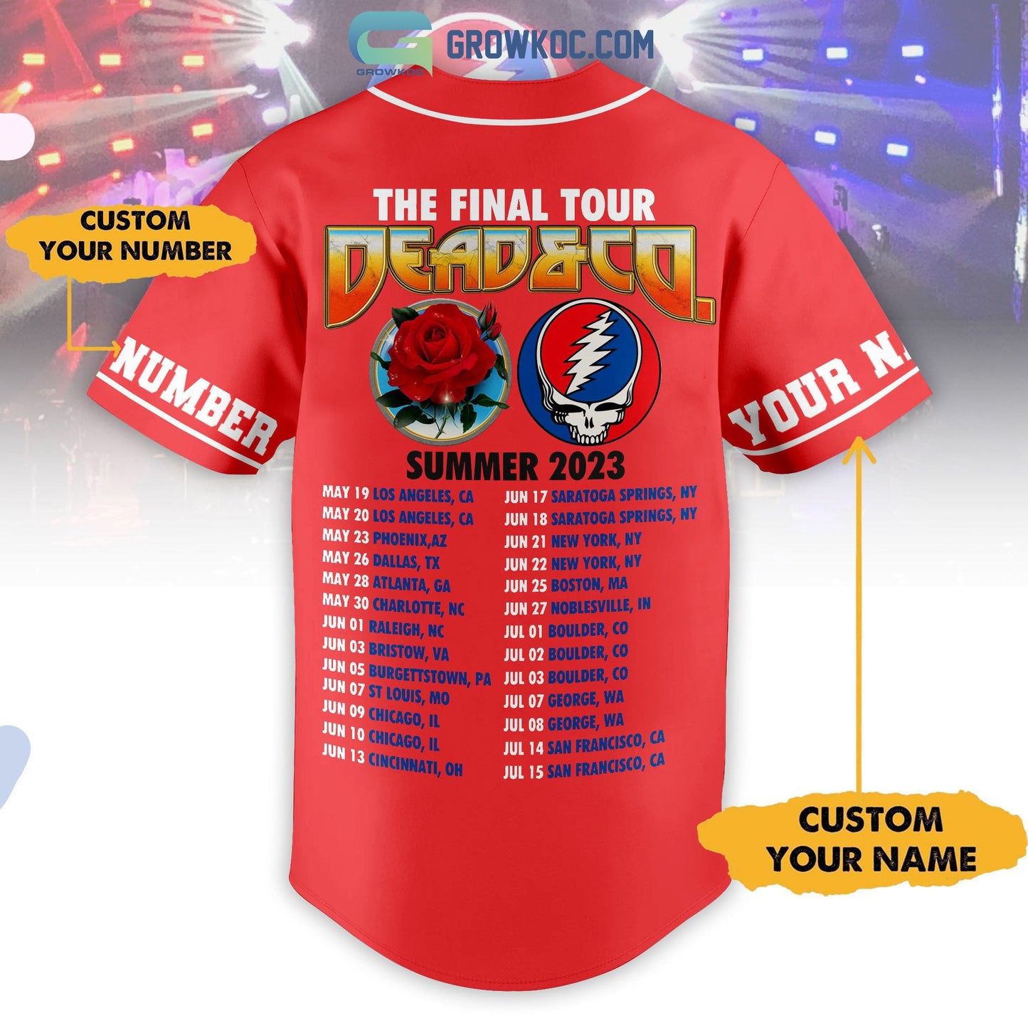 Grateful Dead The Final Tour Summer 2023 Personalized Red Design Baseball Jersey baseball jersey product view 2