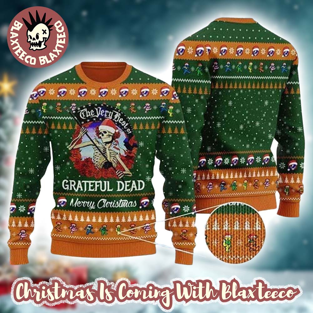 Grateful Dead The Very Best Of The Reaper Art With Dancing Bear Pattern Green Ugly Christmas Sweater - T-Shirt, Sweatshirt, Hoodie