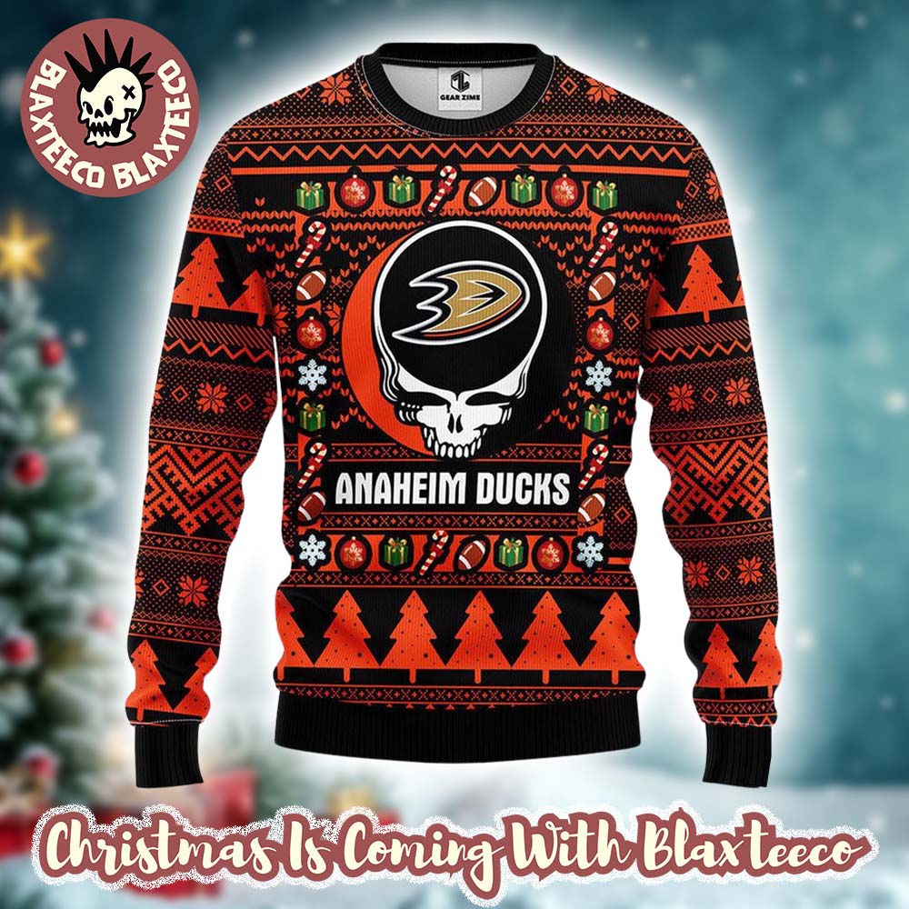 Grateful Dead X NHL Anaheim Ducks Stealie Logo Ugly Christmas Sweater Unisex T-shirt, Sweatshirt, Hoodie, Long Sleeve Tee - T-Shirt, Sweatshirt, Hoodie