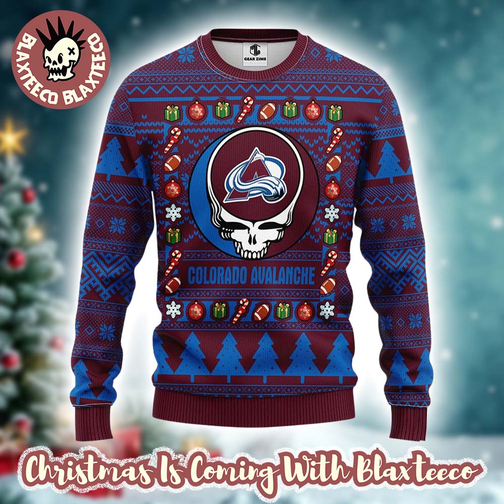 Grateful Dead X NHL Colorado Avalanche Stealie Logo Ugly Christmas Sweater Unisex T-shirt, Sweatshirt, Hoodie, Long Sleeve Tee - T-Shirt, Sweatshirt, Hoodie