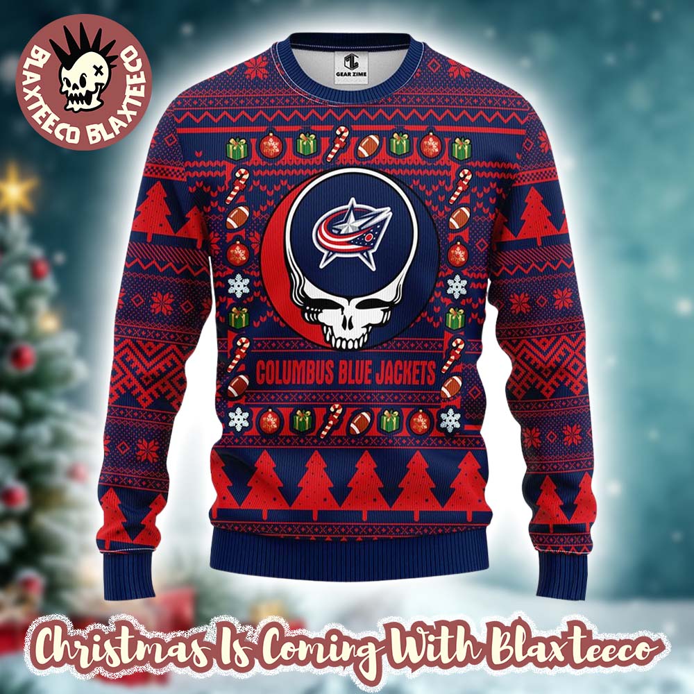 Grateful Dead X NHL Columbus Blue Jackets Stealie Logo Ugly Christmas Sweater Unisex T-shirt, Sweatshirt, Hoodie, Long Sleeve Tee - T-Shirt, Sweatshirt, Hoodie