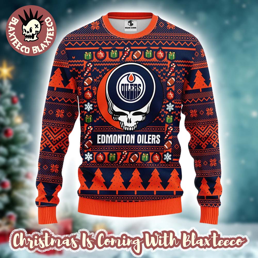 Grateful Dead X NHL Edmonton Oilers Stealie Logo Ugly Christmas Sweater Unisex T-shirt, Sweatshirt, Hoodie, Long Sleeve Tee - T-Shirt, Sweatshirt, Hoodie