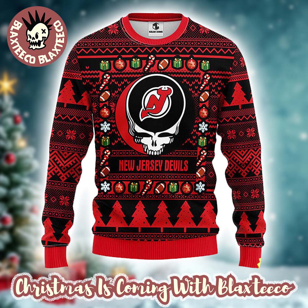 Grateful Dead X NHL New Jersey Devils Stealie Logo Ugly Christmas Sweater Unisex T-shirt, Sweatshirt, Hoodie, Long Sleeve Tee - T-Shirt, Sweatshirt, Hoodie