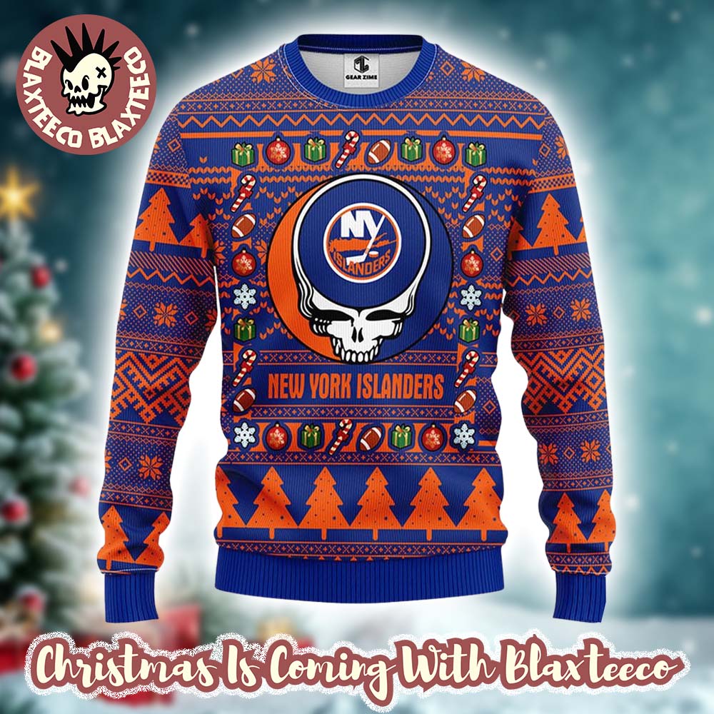 Grateful Dead X NHL New York Islanders Stealie Logo Ugly Christmas Sweater Unisex T-shirt, Sweatshirt, Hoodie, Long Sleeve Tee - T-Shirt, Sweatshirt, Hoodie