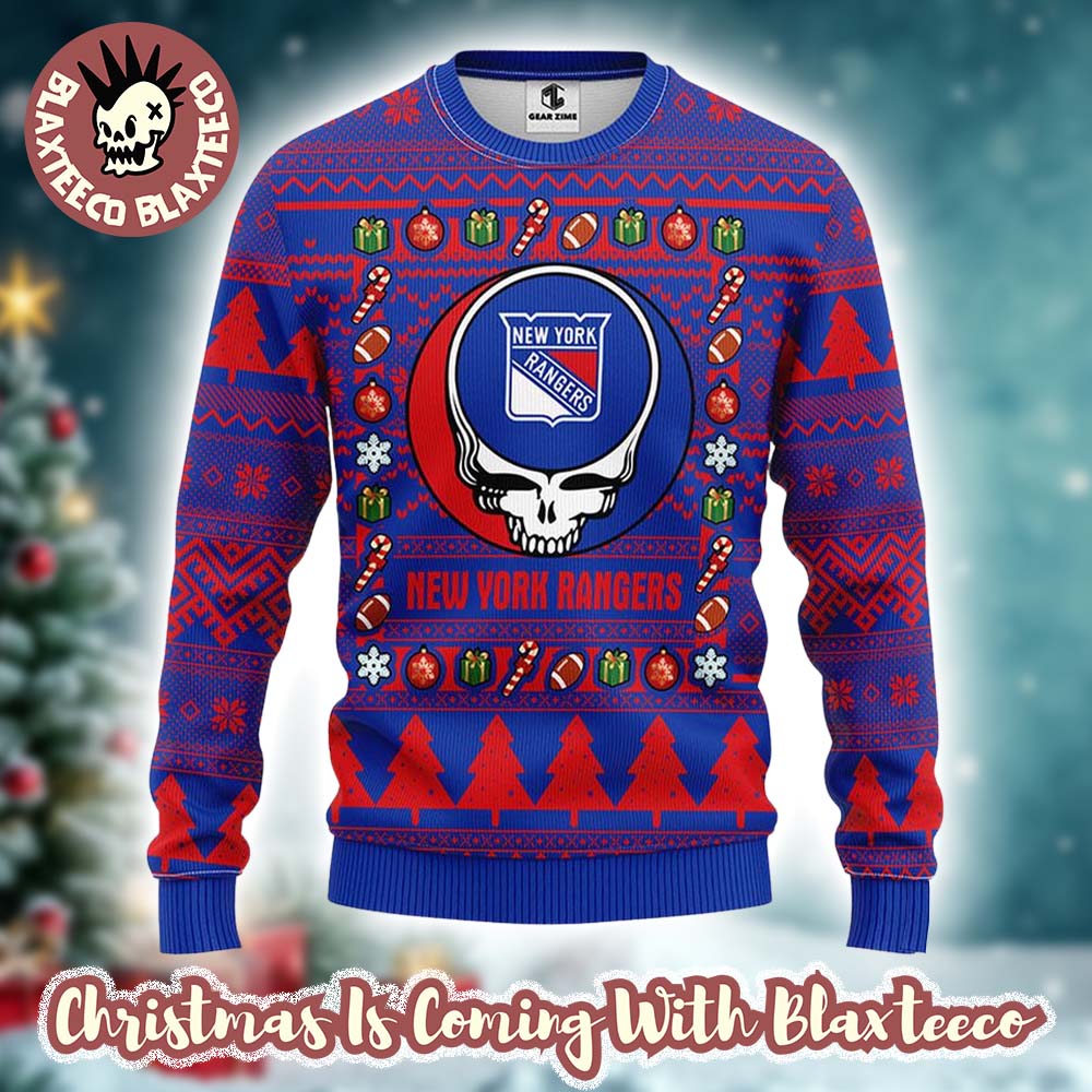 Grateful Dead X NHL New York Rangers Stealie Logo Ugly Christmas Sweater Unisex T-shirt, Sweatshirt, Hoodie, Long Sleeve Tee - T-Shirt, Sweatshirt, Hoodie