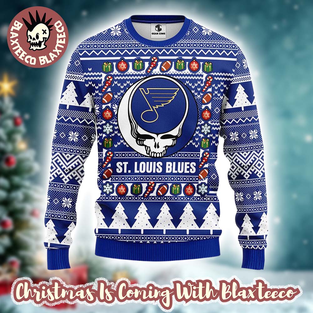 Grateful Dead X NHL St Louis Blues Stealie Logo Ugly Christmas Sweater Unisex T-shirt, Sweatshirt, Hoodie, Long Sleeve Tee - T-Shirt, Sweatshirt, Hoodie