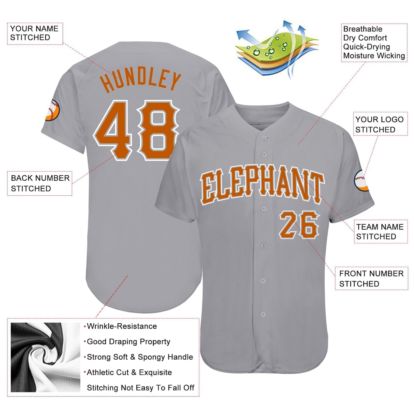 Custom Gray Texas Orange-White Authentic Baseball Jersey baseball jersey product view 3