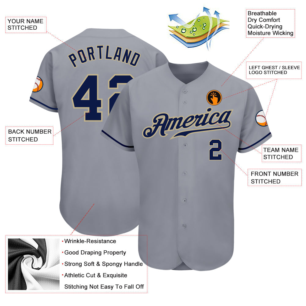 Custom Gray Navy-Vegas Gold Authentic Baseball Jersey baseball jersey product view 3