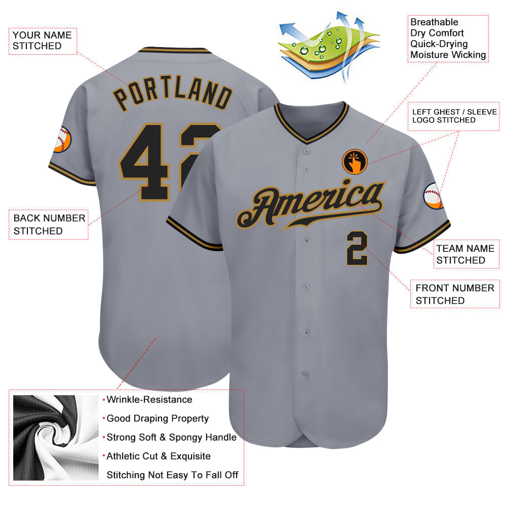 Custom Gray Black-Old Gold Authentic Baseball Jersey baseball jersey product view 3