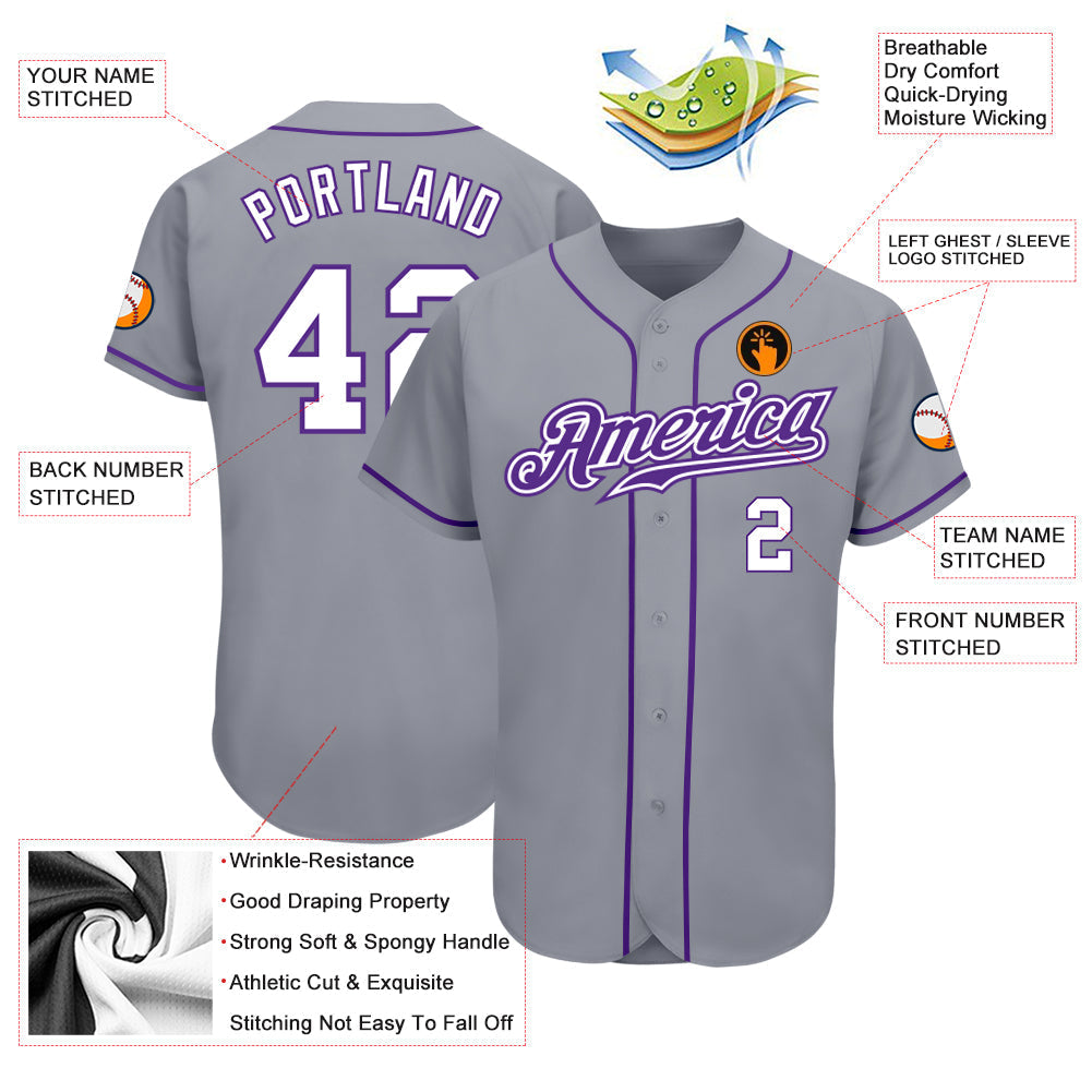 Custom Gray White-Purple Authentic Baseball Jersey baseball jersey product view 3